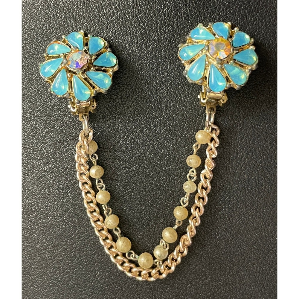 Vintage Rhinestone Sweater Guards Flower Gold Tone Cardigan Clip